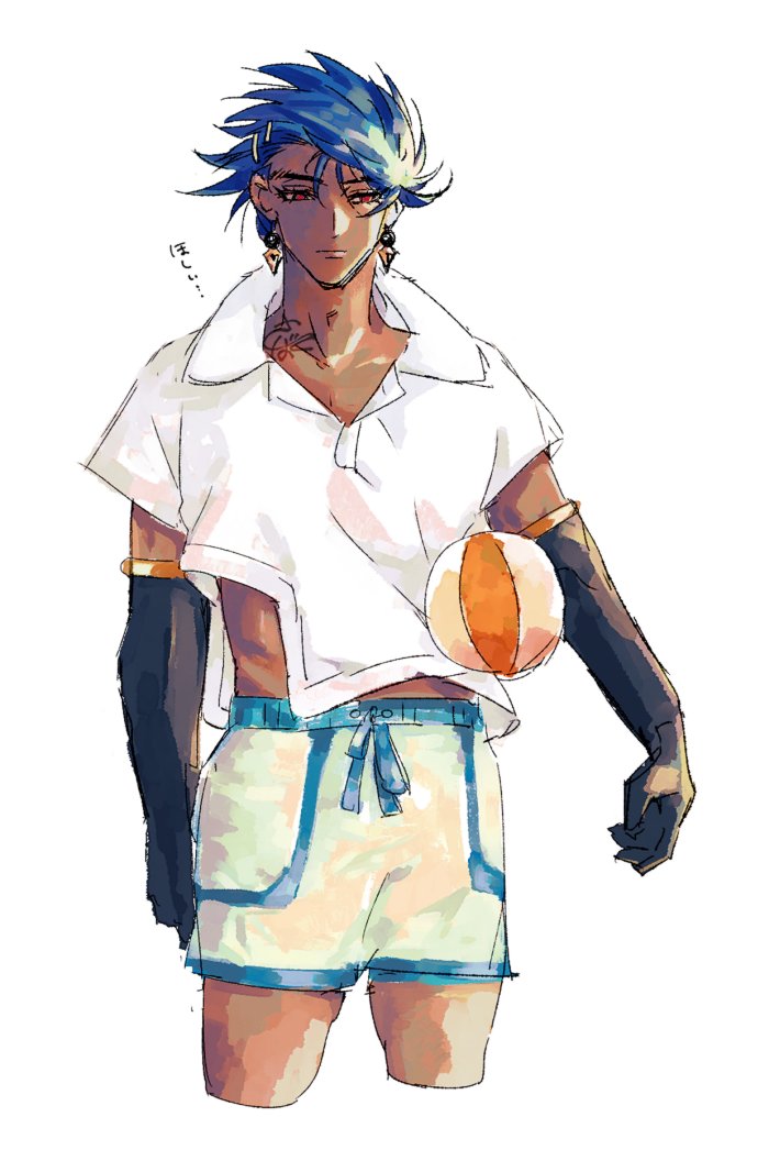 1boy alternate_costume ball black_gloves blue_hair cowboy_shot dark_blue_hair earrings elbow_gloves fate/grand_order fate_(series) gloves hair_ornament hairclip jewelry long_hair male_focus red_eyes romulus_(fate) romulus_quirinus_(fate) sbdugite shirt shorts signature simple_background solo straight-on volleyball_(object) white_background white_shirt white_shorts