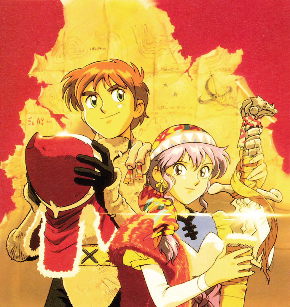1990s_(style) 1boy 1girl alex_noah blue_eyes blue_hair brown_hair glint gloves green_eyes helmet holding holding_helmet holding_sword holding_weapon long_hair long_sleeves looking_at_viewer luna_noah lunar lunar:_the_silver_star map map_background non-web_source official_art retro_artstyle sheath smile sword unsheathing weapon