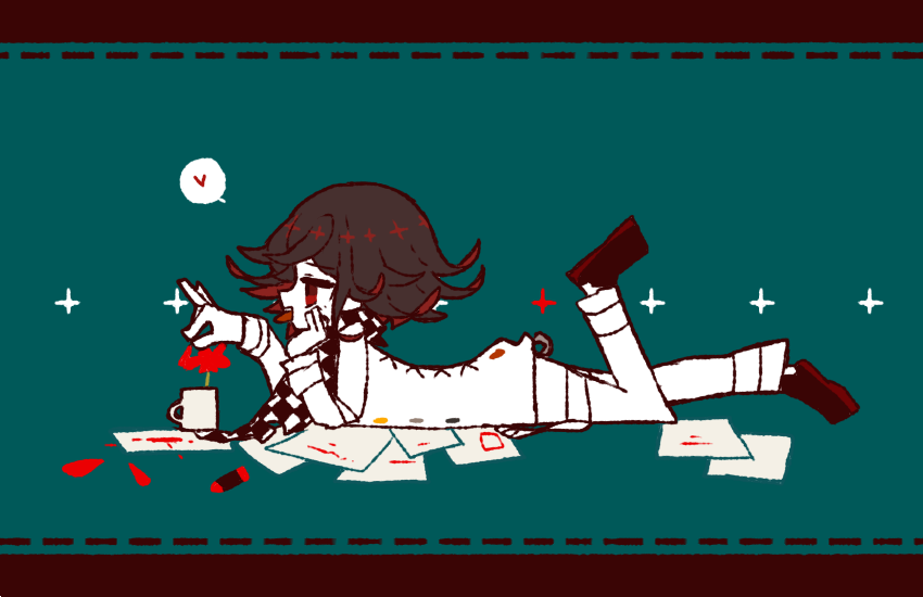 1boy aqua_background arm_belt aru_choumiryou belt black_hair black_scarf black_shoes buttons checkered_clothes checkered_scarf chromatic_aberration colored_inner_hair commentary_request crayon cross-laced_jacket danganronpa_(series) danganronpa_v3:_killing_harmony dotted_line from_side full_body hand_on_own_cheek hand_on_own_face heart jacket layered_sleeves leg_up letterboxed limited_palette long_sleeves lying male_focus multicolored_buttons multicolored_hair multiple_belts oma_kokichi on_stomach open_belt open_mouth pants paper plucking_petals red_eyes scarf shoes short_hair simple_background smile socks solo sparkle spoken_heart teeth thigh_belt thigh_strap tongue torn_clothes torn_scarf two-tone_scarf upper_teeth_only white_belt white_jacket white_pants white_scarf white_sleeves white_socks