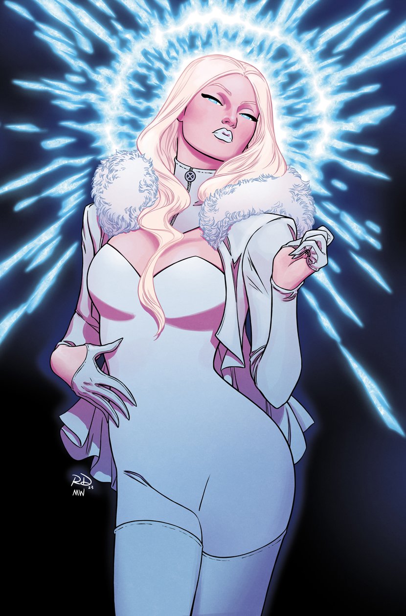 1girl artist_collaboration blonde_hair blue_eyes bodysuit breasts cleavage emma_frost fur_collar gloves highres jacket large_breasts long_hair looking_at_viewer marvel matt_wilson open_clothes open_jacket russell_dauterman solo thighhighs white_bodysuit white_gloves white_jacket white_lips white_thighhighs x-men