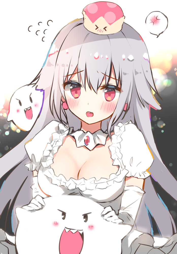 1girl blush boo_(mario) breasts cleavage crown detached_collar dress female_focus gloves hair_between_eyes hair_flaps large_breasts long_hair looking_at_viewer luigi&#039;s_mansion mario_(series) new_super_mario_bros._u_deluxe nintendo open_mouth princess_king_boo red_eyes sharp_teeth silver_hair solo spoken_blush super_crown teeth very_long_hair wavy_mouth white_dress white_gloves yadapot