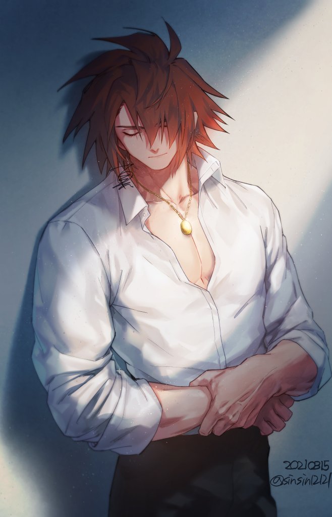 1boy alternate_costume black_pants closed_eyes closed_mouth dated hair_between_eyes jewelry kratos_aurion male_focus necklace pants pectoral_cleavage pectorals red_hair shade shin_(sinsin12121) shirt signature simple_background solo spiked_hair tales_of_(series) tales_of_symphonia twitter_username white_shirt