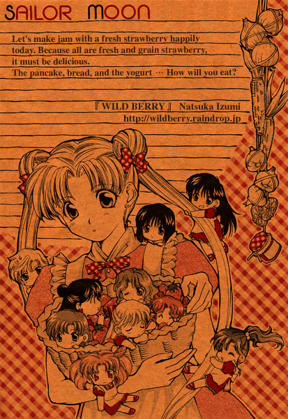 6+girls :o ^_^ aino_minako alternate_costume apron artist_name bad_id basket bishoujo_senshi_sailor_moon bow bowtie carrying chibi chibi_chibi chibi_usa closed_eyes commentary_request copyright_name corn corn_cob dated_commentary dress earrings english_text everyone food frilled_apron frills fruit garlic gingham hair_bow hair_bun hands_up hino_rei holding holding_basket izumi_natsuka jam jar jewelry kaiou_michiru kino_makoto limited_palette long_hair looking_at_another looking_down meiou_setsuna mizuno_ami multiple_girls onion open_mouth orange_theme parted_bangs parted_lips puffy_short_sleeves puffy_sleeves red_bow red_dress red_footwear short_sleeves smile strawberry sweatdrop ten&#039;ou_haruka tomoe_hotaru traditional_media tsukino_usagi twintails very_long_hair waitress