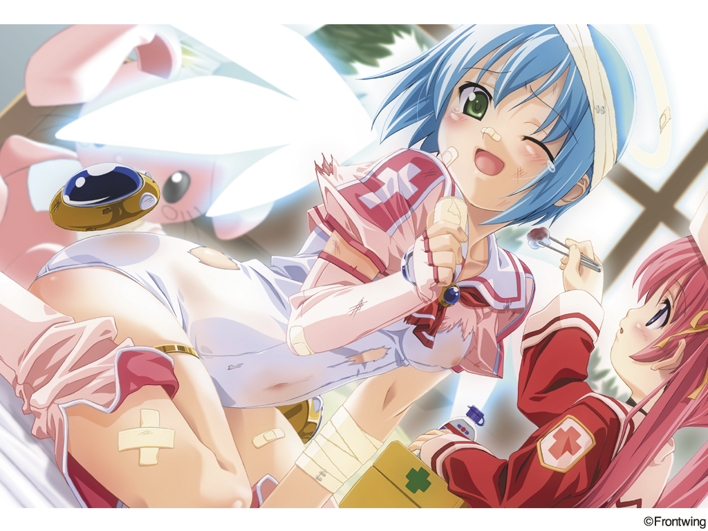 2girls :o ;d age_difference angel angel_wings arm_support bandages bandaid bandaid_on_face bandaid_on_nose blood blue_hair blurry blush body_blush boots bottle breasts brooch child covered_navel crop_top cross depth_of_field djibril_(makai_tenshi_djibril) dutch_angle elbow_gloves fingerless_gloves first_aid_kit from_side gem gloves glowing glowing_wings green_eyes hair_ribbon halo hat holding indoors injury jewelry kuuchuu_yousai leaning_forward long_hair long_sleeves looking_at_viewer luvriel magical_girl makai_tenshi_djibril manabe_rika multiple_girls navel necktie nipples official_art official_wallpaper one-piece_swimsuit one_eye_closed open_mouth pink_boots pink_gloves pink_hair pink_legwear profile puffy_short_sleeves puffy_sleeves purple_eyes red_cross red_hair ribbon school_swimsuit school_uniform see-through_clothes serafuku shirt short_hair short_sleeves sitting sleeve_cuffs smile stuffed_animal stuffed_rabbit stuffed_toy swimsuit swimsuit_costume tears thighhighs thighlet torn_clothes torn_shirt torn_swimsuit turtleneck twintails wariza wet wet_clothes white_one-piece_swimsuit white_school_swimsuit wide_sleeves wince window wings wink