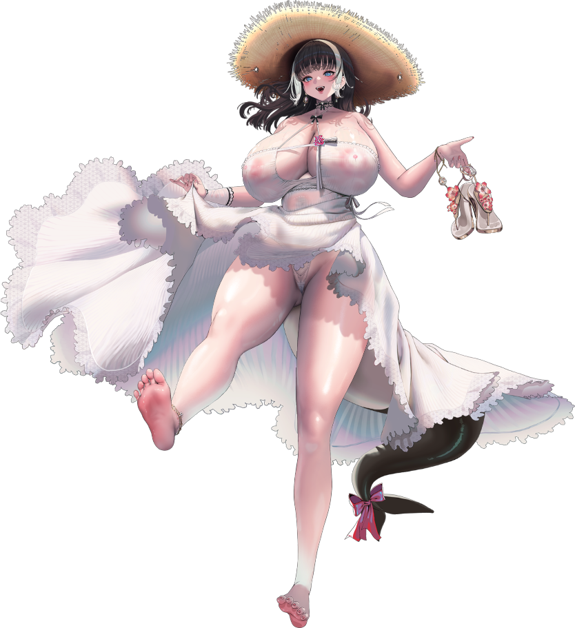 1girl alcyone_(last_origin) arenbee black_hair blue_eyes blush bow bracelet braid breasts cameltoe cetacean_tail choker cleavage curvy dress feet fins fish_tail full_body hair_ornament hat holding holding_sandals huge_breasts jewelry kicking last_origin long_hair multicolored_hair nipples nipples_visible_through_shirt official_art open_mouth orca_girl panties ribbon ring sandals sky standing standing_on_one_leg star_(symbol) star_hair_ornament straw_hat sun_hat sundress tail tail_bow tail_ornament tail_ribbon thick_thighs thighs transparent_background twin_braids two-tone_hair underwear unworn_sandals upskirt white_dress white_hair white_panties wrist_cuffs
