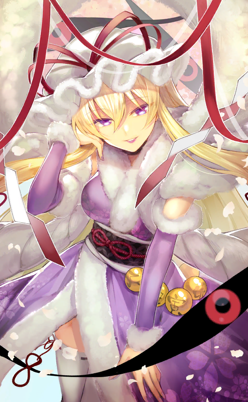 1girl bell black_sash blonde_hair bow_legwear breasts cherry_blossoms elbow_sleeve eyeball falling_petals fingernails floral_print frilled_hat frills fur_trim gap_(touhou) half-closed_eyes hand_on_own_head hat hat_ribbon japanese_clothes jingle_bell kimono long_hair looking_at_viewer medium_breasts mob_cap obi official_alternate_costume official_art open_mouth petals pink_lips purple_eyes purple_kimono purple_sleeves red_ribbon ribbon ribbon-trimmed_thighhighs ribbon_trim rope sash shimenawa sleeveless sleeveless_kimono smile solo teeth thighhighs touhou touhou_cannonball tree very_long_hair white_hat white_thighhighs yakumo_yukari yakumo_yukari_(zodiac_race) yuki_(popopo)