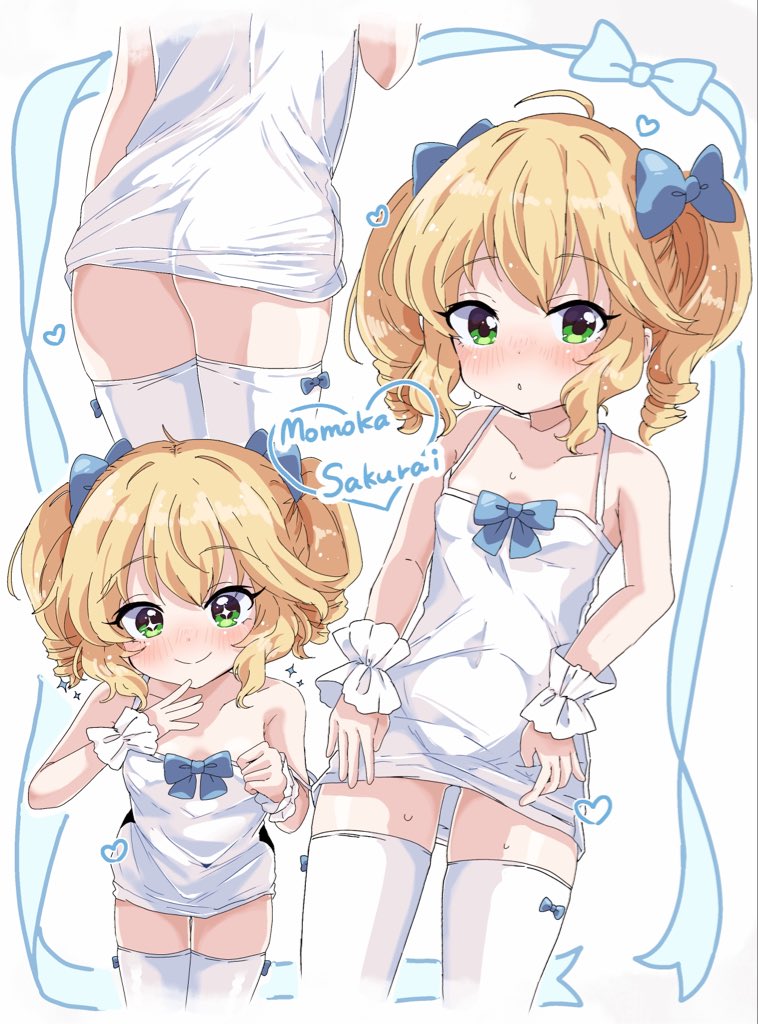 +_+ ahoge armpit_crease arms_up ass bare_shoulders blue_bow bow bow_background bow_legwear breast_cutout breasts bright_pupils clothing_cutout collarbone cowboy_shot dot_nose dress drill_hair gluteal_fold green_eyes hair_bow hands_on_own_hips heart idolmaster idolmaster_cinderella_girls idolmaster_cinderella_girls_u149 leaning_forward light_blush looking_at_viewer medium_hair navel_cutout open_mouth remiri_nicoeli sakurai_momoka shiny_skin simple_background small_breasts smile spoken_heart sundress thigh_gap thighhighs twin_drills twintails white_background white_thighhighs wrist_cuffs
