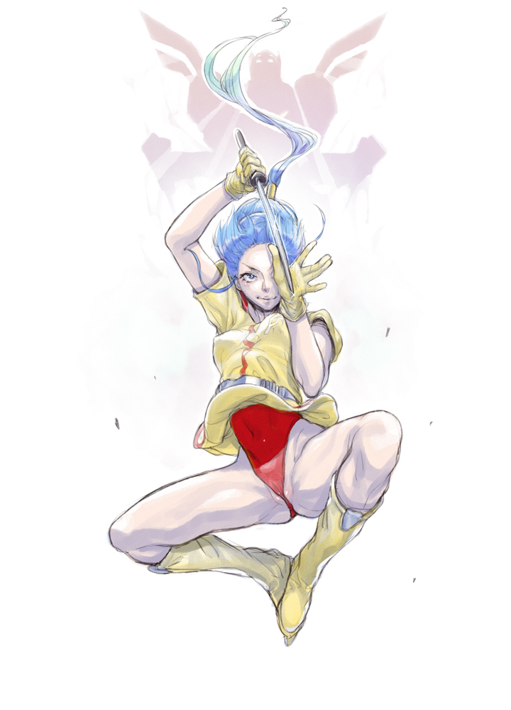 1girl breasts character_request closed_mouth gloves leotard long_hair looking_at_viewer mecha robot sword weapon white_background xxzero