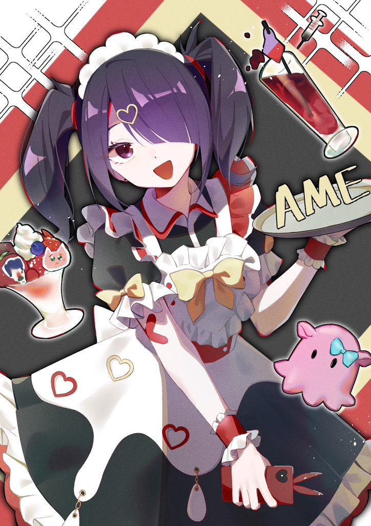 1girl :d alternate_costume ame-chan_(needy_girl_overdose) apron black_hair black_shirt black_skirt bow cellphone character_name cocktail commentary emoji enmaided feet_out_of_frame food frilled_apron frilled_skirt frilled_sleeves frilled_wrist_cuffs frills hair_ornament hair_over_one_eye happy heart heart_apron heart_hair_ornament holding holding_phone holding_tray long_bangs long_hair long_skirt looking_at_viewer maid maid_apron maid_headdress needy_girl_overdose one_eye_covered open_mouth parfait phone pleading_face_emoji puffy_short_sleeves puffy_sleeves purple_eyes red_wrist_cuffs shirt short_sleeves simple_background skirt sleeve_bow smartphone smile solo sparkle szhr_chise tray twintails white_apron wrist_cuffs yellow_bow