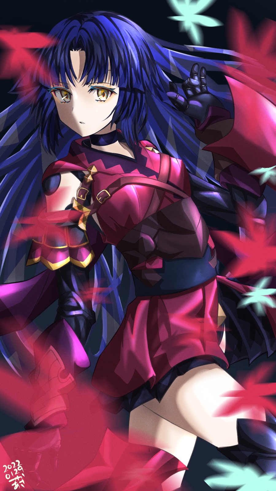 1girl belt_buckle black_background black_choker blue_hair buckle choker dated fate/grand_order fate_(series) hand_up highres japanese_clothes joints katou_danzou_(fate) kimono leaf long_hair looking_at_viewer mechanical_arms parted_lips red_kimono robot_joints short_kimono simple_background solo tsukaasa very_long_hair yellow_eyes