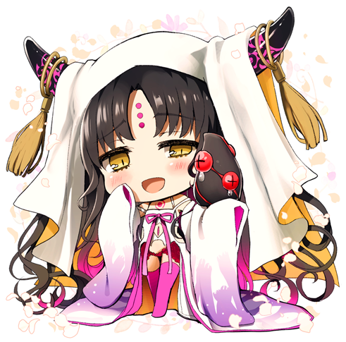 1girl black_hair black_horns boots chest_tattoo chibi commentary creature_on_arm cutout_above_navel demon_pillar_(fate) dress facial_mark fate/grand_order fate_(series) forehead_mark full_body gradient_hair handprint horn_ornament horn_ring horns kujiran long_hair long_sleeves looking_at_viewer lowres multicolored_hair multicolored_horns open_mouth panties parted_bangs petals pink_boots pink_hair pink_horns pink_panties pink_ribbon print_sleeves red_eyes ribbon sessyoin_kiara sessyoin_kiara_(heaven&#039;s_hole) sessyoin_kiara_(third_ascension) sleeves_past_fingers sleeves_past_wrists smile solo standing stomach_tattoo streaked_hair tassel tattoo teardrop thigh_boots two-tone_horns underwear veil very_long_hair wavy_hair white_background white_dress white_veil wide_sleeves yellow_eyes
