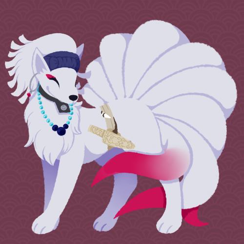 brown_background closed_eyes dagger full_body gen_1_pokemon golden_kamuy headband inkarmat jewelry kitemc knife lowres necklace ninetales nintendo no_humans pokemon pokemon_(creature) seigaiha sheath sheathed simple_background weapon