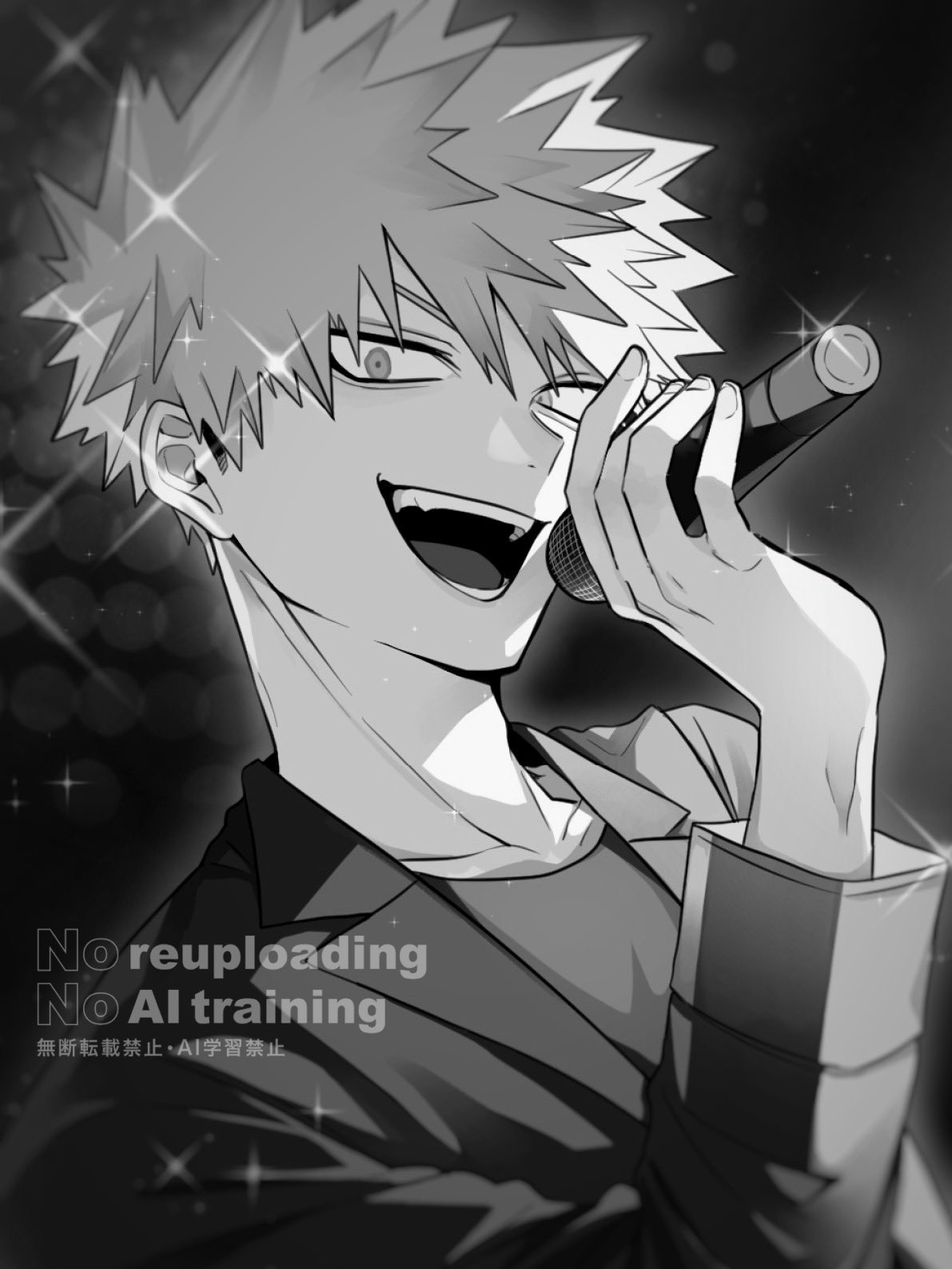 1boy arm_up bakugou_katsuki boku_no_hero_academia collarbone commentary_request crew_neck greyscale highres holding holding_microphone jacket lapels long_sleeves looking_to_the_side male_focus microphone monochrome neminemisho notched_lapels open_mouth shirt short_hair sideways_glance solo sparkle spiked_hair suit_jacket teeth tongue upper_body watermark