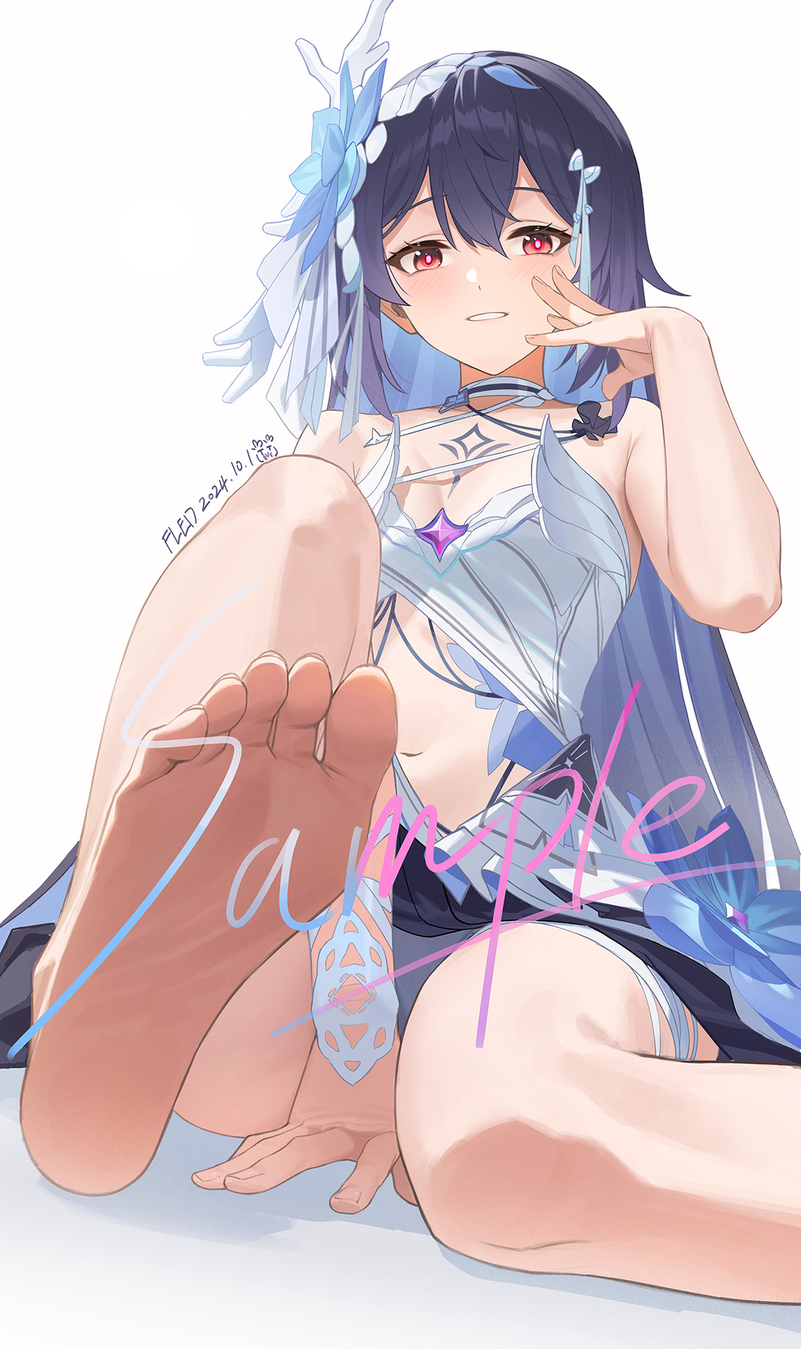 1girl :d artist_name barefoot blue_flower blue_hair breasts chest_tattoo dated dress feet fled flower foot_focus grin hair_flower hair_ornament highres honkai_(series) honkai_impact_3rd long_hair looking_at_viewer navel open_mouth red_eyes sample_watermark seele_(alter_ego) seele_vollerei seele_vollerei_(herrscher_of_rebirth) simple_background small_breasts smile soles solo tattoo teeth toes very_long_hair watermark white_background white_dress
