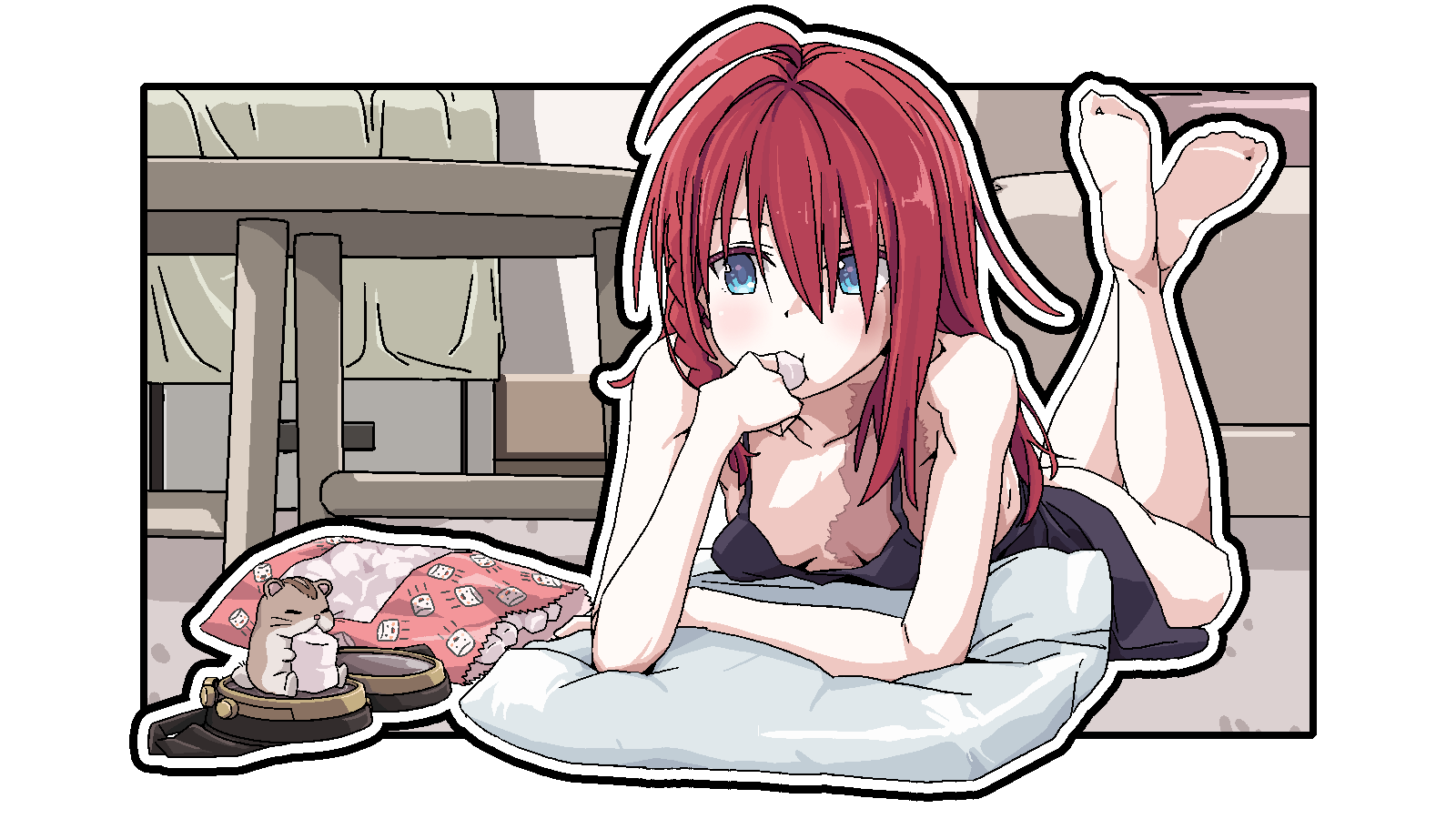 1girl ahoge barefoot black_camisole blue_eyes braid breast_rest breasts burn_scar camisole chipmunk chips_(food) crossed_ankles dot_nose eating elbow_rest food goggles highres kazuuchi_ataru looking_past_viewer lying on_floor on_pillow on_stomach out_of_frame outline outside_border potato_chips red_hair scar scar_on_chest shinsougumi single_braid small_breasts snack solo squirrel table tamaya unworn_goggles virtual_youtuber white_outline
