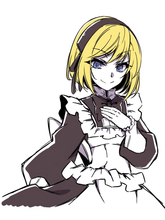 1boy androgynous apron barisol_no_kodomo_wa_hitorikko_(vocaloid) behemo_barisol black_dress black_hairband black_ribbon blonde_hair blue_eyes collared_dress colored_skin crossdressing dress evillious_nendaiki frilled_apron frills hairband hand_on_own_chest kagamine_len looking_at_viewer maid maid_headdress medium_hair pale_skin ribbon rice_rice_2525 smile straight_hair trap tsurime vocaloid white_apron white_skin wide_sleeves