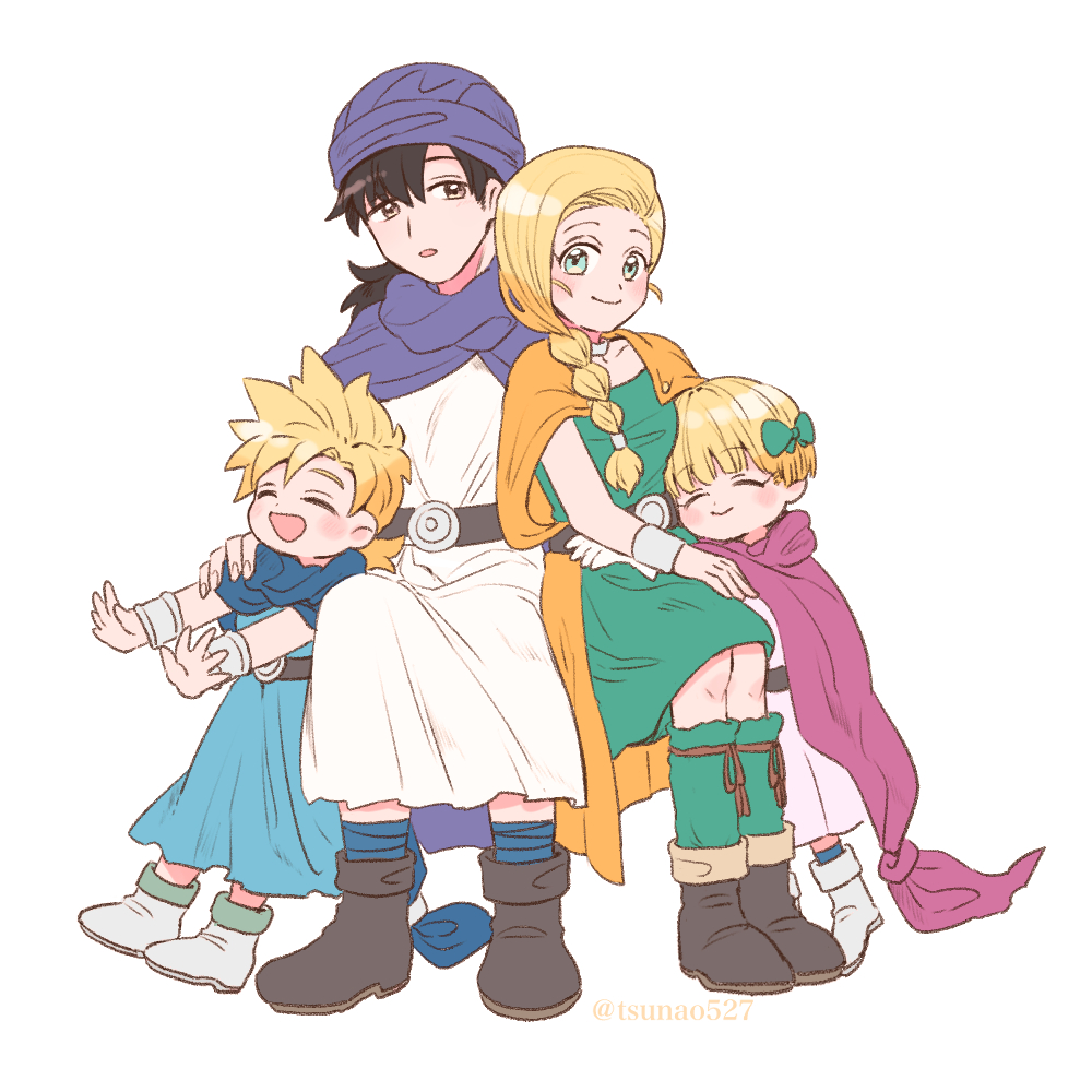2boys 2girls belt bianca_(dq5) black_hair blonde_hair blue_cape blue_eyes blue_tunic blunt_bangs blush boots bow bracelet braid brown_boots cape cloak closed_mouth commentary_request dragon_quest dragon_quest_v dress family father_and_daughter father_and_son full_body green_bow green_dress hair_bow hair_over_shoulder hero&#039;s_daughter_(dq5) hero&#039;s_son_(dq5) hero_(dq5) hug husband_and_wife invisible_chair jewelry leaning_on_person long_hair looking_at_viewer low_ponytail mother_and_daughter mother_and_son multiple_boys multiple_girls neck_ring open_mouth orange_cape outstretched_arms parted_lips pink_cape pink_dress ponytail purple_cape purple_turban short_hair siblings single_braid sitting smile spiked_hair tsunao527 tunic twins twintails white_background white_boots white_tunic