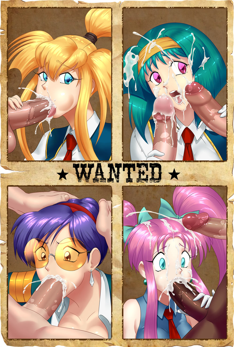 1990s_(style) 4girls breasts burn-up burn-up_w cleavage cum cum_in_mouth cum_on_body cum_on_hair derivative_work double_handjob facial fellatio green_hair grillo_fernandez handjob highres jinguu_maya kawasaki_maki kinezono_rio lilica_evett multiple_girls mutsuya oral penis retro_artstyle saliva sunglasses uncensored