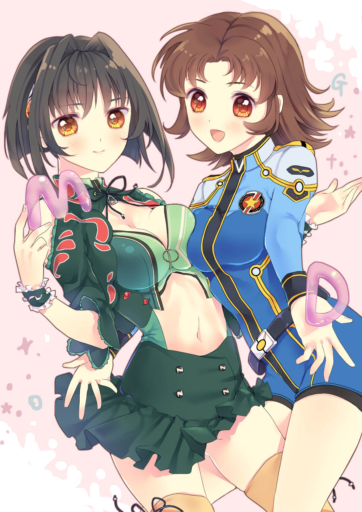 2girls :d akemi_akatsuki black_hair breasts brown_hair cleavage cleavage_cutout closed_mouth clothing_cutout cowboy_shot eri. frills hair_intakes highres katia_grineal medium_breasts middle_part multiple_girls navel open_mouth orange_eyes pale_skin pink_background smile split_mouth straight_hair super_robot_wars thighhighs yellow_thighhighs