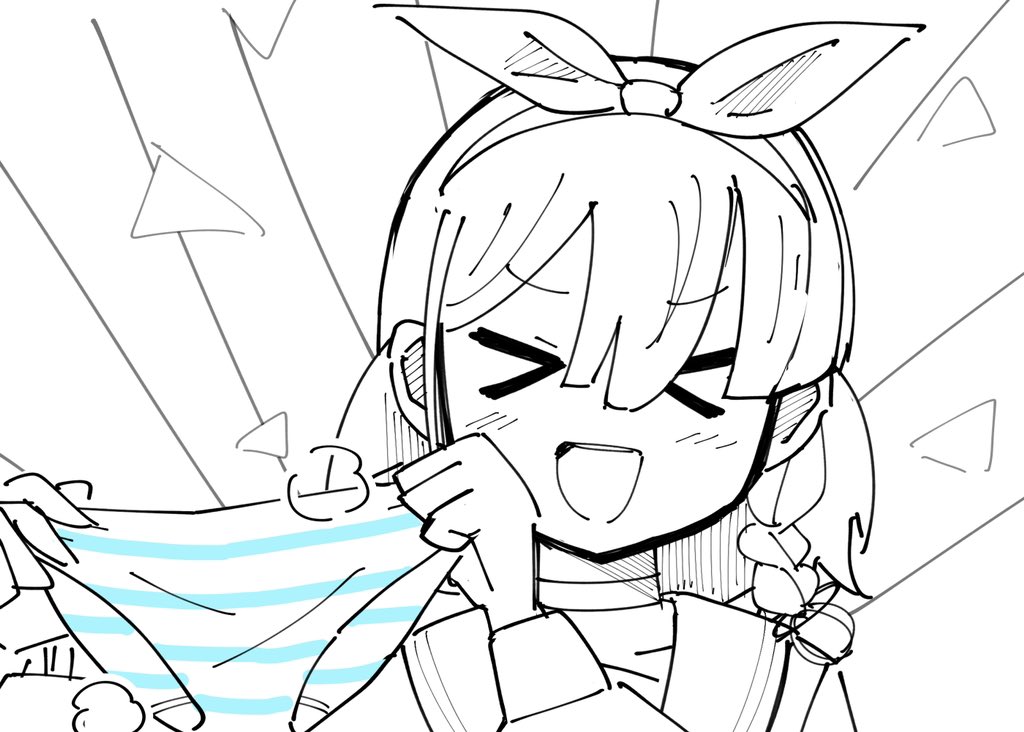 &gt;_&lt; 1girl :d arona_(blue_archive) blue_archive breasts choker greyscale hair_between_eyes hairband holding holding_unworn_clothes holding_panties holding_underwear holding_unworn_clothes medium_breasts monochrome open_mouth panties presenting_removed_panties sketch smile spot_color steam steaming_clothes striped_clothes striped_panties underwear unworn_panties xd yuhatasuki