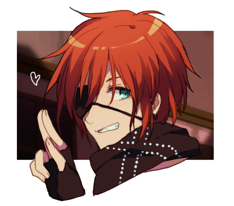 1boy blue_eyes border brown_background brown_gloves brown_scarf d.gray-man earrings eyepatch finger_gun fingerless_gloves gloves grin hair_between_eyes heart hoop_earrings jewelry lavi looking_at_viewer looking_to_the_side lowres male_focus one_eye_covered outside_border red_hair scarf short_hair sidelocks smile solo striped_clothes striped_scarf syerii vertical-striped_clothes vertical-striped_scarf white_border