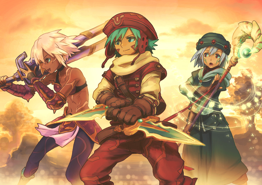 .hack// .hack//games 1girl 2boys armor bikini_armor black_rose_(.hack//) blue_eyes blue_hair dagger dark_skin elk_(.hack//) facial_mark flat_chest gecco_knight gloves hat kite_(.hack//) knife multiple_boys open_mouth pantyhose red_eyes short_hair silver_hair smile staff sword tattoo weapon
