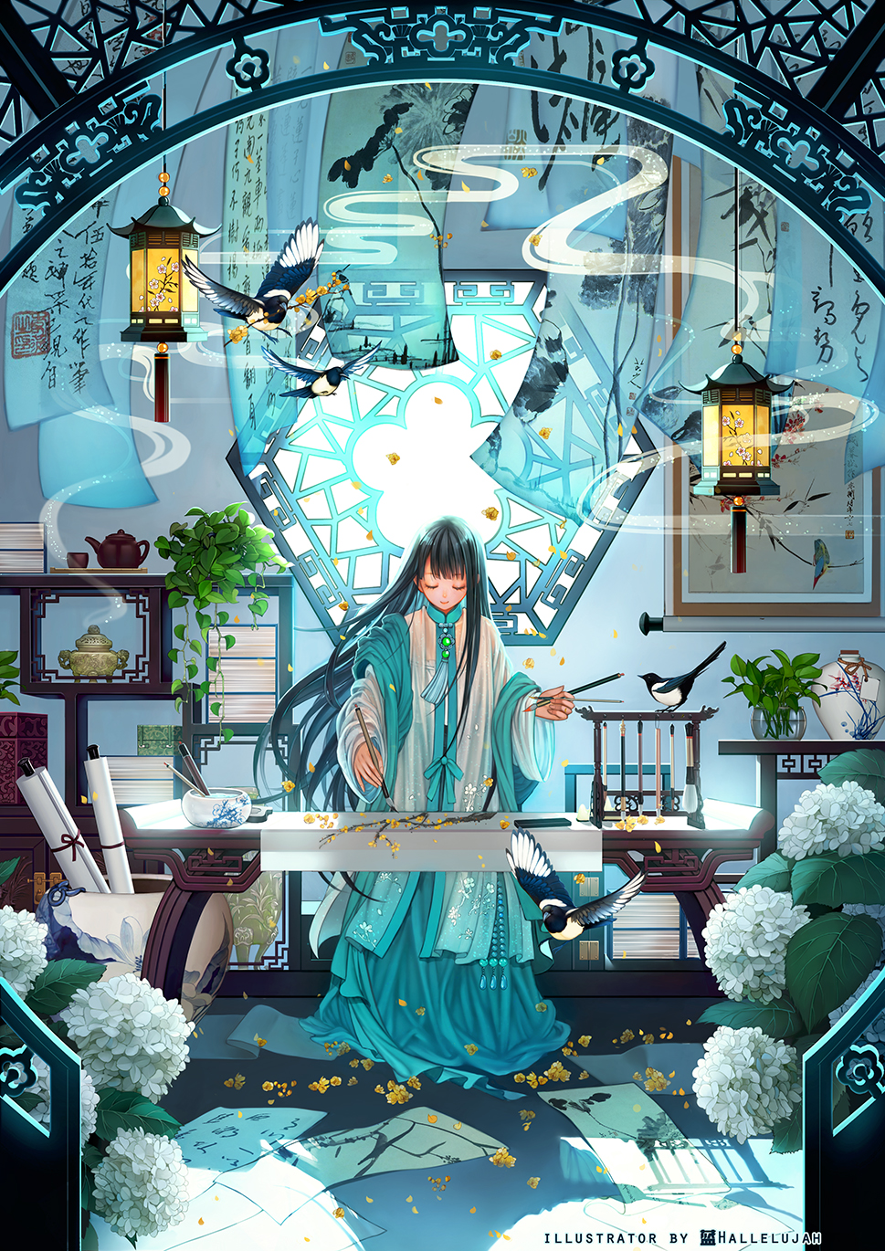 1girl aoqun aqua_hanfu aqua_shawl aqua_theme architecture backlighting beizi_(clothing) bird black_hair blue_hallelujah book bowl box branch chinese_clothes chinese_commentary chinese_text cup east_asian_architecture flower hanfu highres hydrangea incense indoors lantern long_hair long_sleeves magpie mandarin_collar original paintbrush painting_(action) plant potted_plant qinghua_(porcelain) scenery scroll shelf solo tassel teapot tray vase very_long_hair white_flower window yaopei yellow_flower