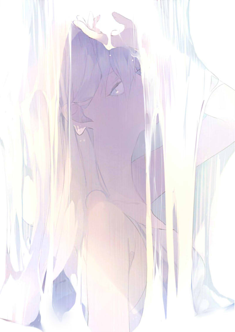 1girl bare_arms bare_shoulders breasts covered_mouth from_side grey_eyes grey_hair hair_behind_ear hand_up looking_at_viewer n79oqc3yja6jlof original profile shade sideways_glance sleeveless solo upper_body water waterfall wet