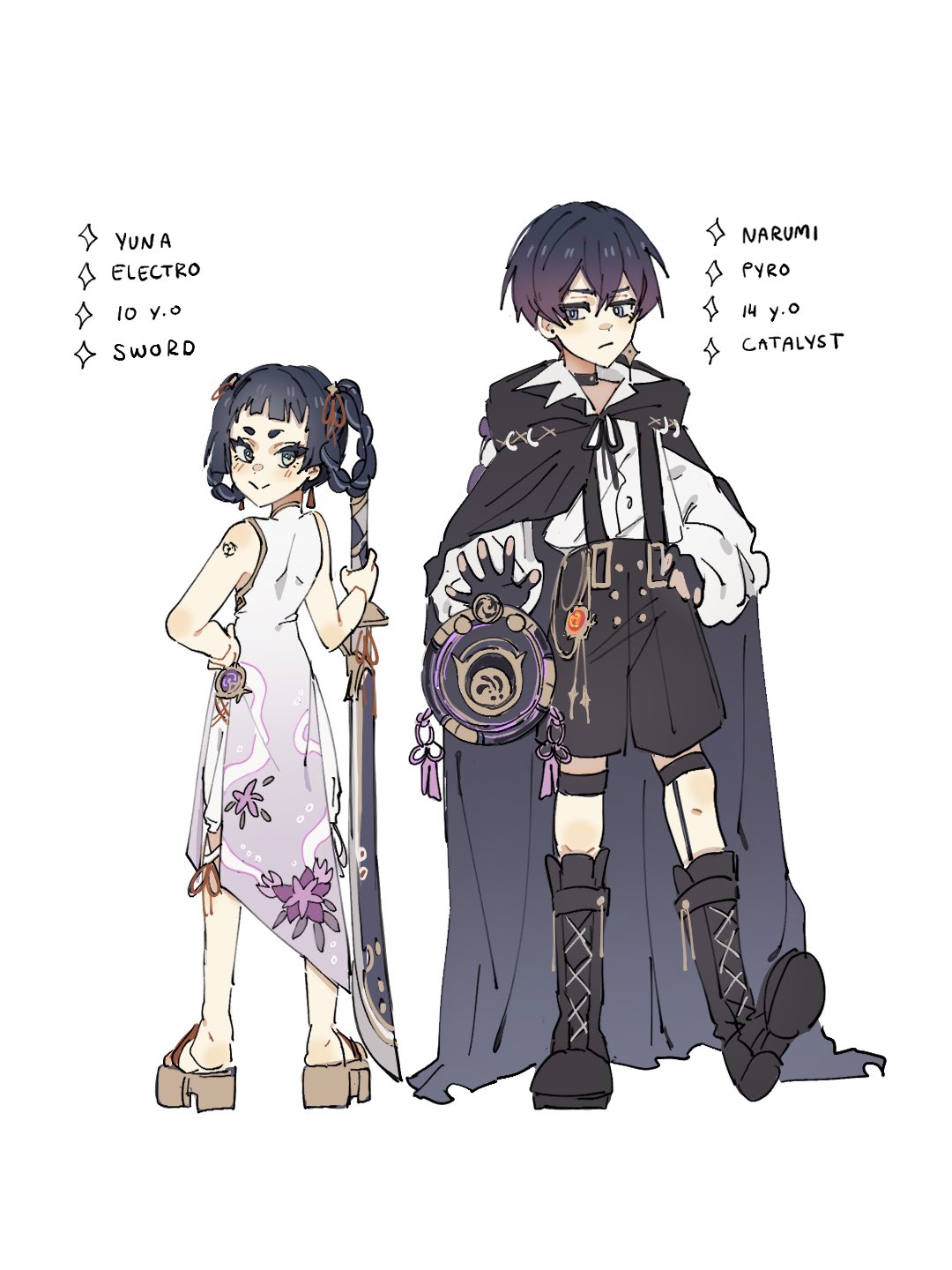 1boy 1girl aqua_eyes black_boots black_choker black_cloak black_gloves black_shorts blunt_bangs blunt_ends blush boots braid braided_hair_rings brother_and_sister character_age character_name character_profile chinese_clothes choker cloak closed_mouth collared_shirt dao_(weapon) double-parted_bangs dress earrings electro_symbol_(genshin_impact) eyelashes fingerless_gloves floral_print_dress full_body gem genshin_impact geta gloves grey_eyes hair_between_eyes hair_ribbon hair_rings hand_on_own_hip height_difference highres holding holding_weapon if_they_mated jewelry lace-up_boots long_sleeves looking_at_another looking_at_viewer looking_back looking_to_the_side median_furrow mitsudomoe_(shape) mona_(genshin_impact) ootachi open_hand original pelvic_curtain purple_gemstone pyro_symbol_(genshin_impact) red_gemstone red_ribbon ribbon scaramouche_(genshin_impact) shirt short_eyebrows shorts siblings sleeveless sleeveless_dress smile standing star_(symbol) star_earrings suspender_shorts suspenders tassel tassel_earrings thigh_strap tomoe_(symbol) vision_(genshin_impact) weapon white_background white_dress white_shirt white_sleeves wing_collar ysnden
