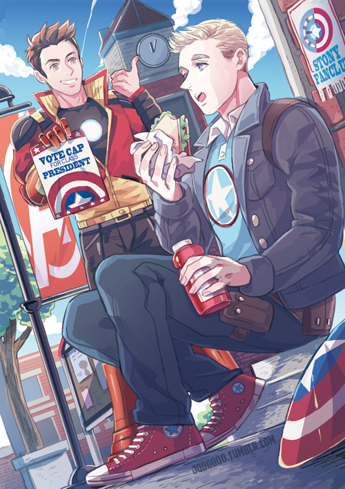 2boys animification avengers_(series) avengers_academy blonde_hair brown_hair captain_america_(series) casual food iron_man_(series) jacket jo_(artist) marvel multiple_boys sandwich shield steve_rogers tony_stark