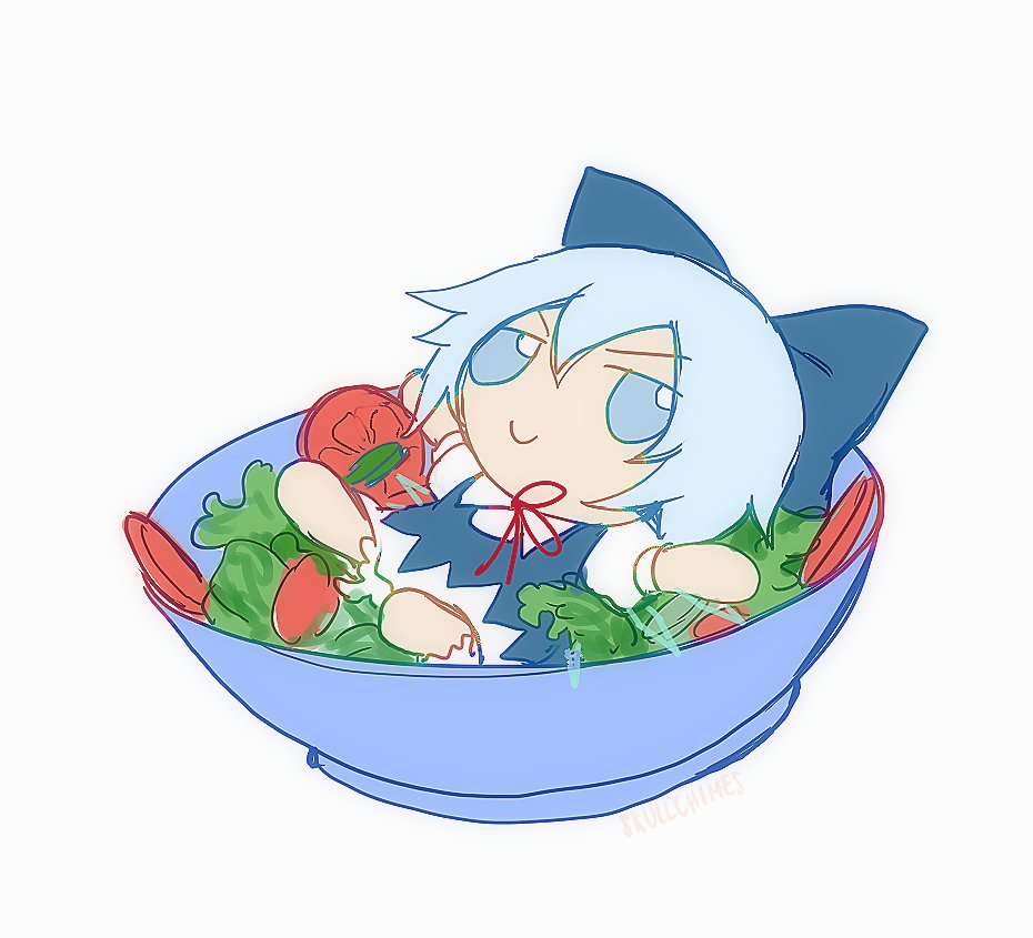 1girl blue_eyes blue_hair bow bowl cirno dress food fumo_(doll) hair_bow ice ice_wings ribbon salad short_hair simple_background skullchimes smile solo touhou v-shaped_eyebrows white_background wings