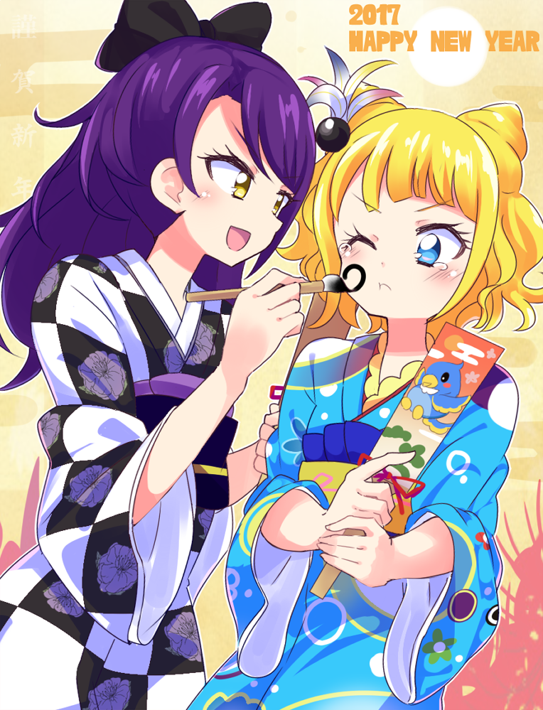 2017 2girls akagi_(sk0127aho) annoyed blonde_hair blue_eyes cone_hair_bun cowboy_shot drawing_on_another&#039;s_face hair_bun happy_new_year idol_clothes japanese_clothes kimono minami_mirei multicolored_kimono multiple_girls new_year one_eye_closed pretty_series pripara purple_hair toudou_shion wide_sleeves yellow_eyes