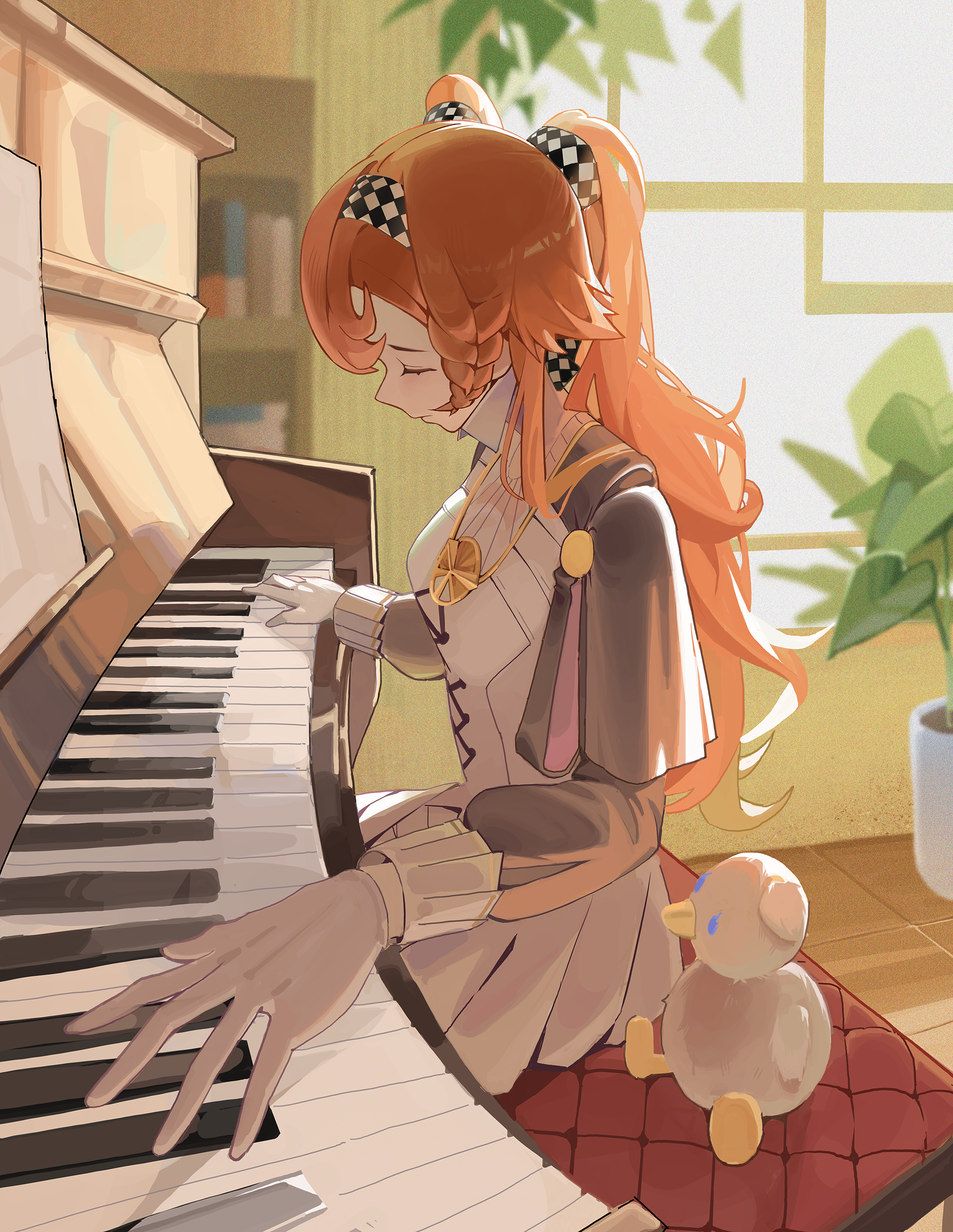 1girl absurdres backlighting blurry blurry_background bookshelf checkered_hairband closed_eyes closed_mouth collared_dress ddul_(hauluimubingoj1) dress from_side gloves grey_cloak grey_sleeves hairband high_collar highres indoors instrument long_hair music orange_hair piano piano_bench plant playing_instrument playing_piano potted_plant profile reverse:1999 short_dress sitting solo sonetto_(reverse:1999) stuffed_animal stuffed_duck stuffed_toy two_side_up upper_body white_dress white_gloves