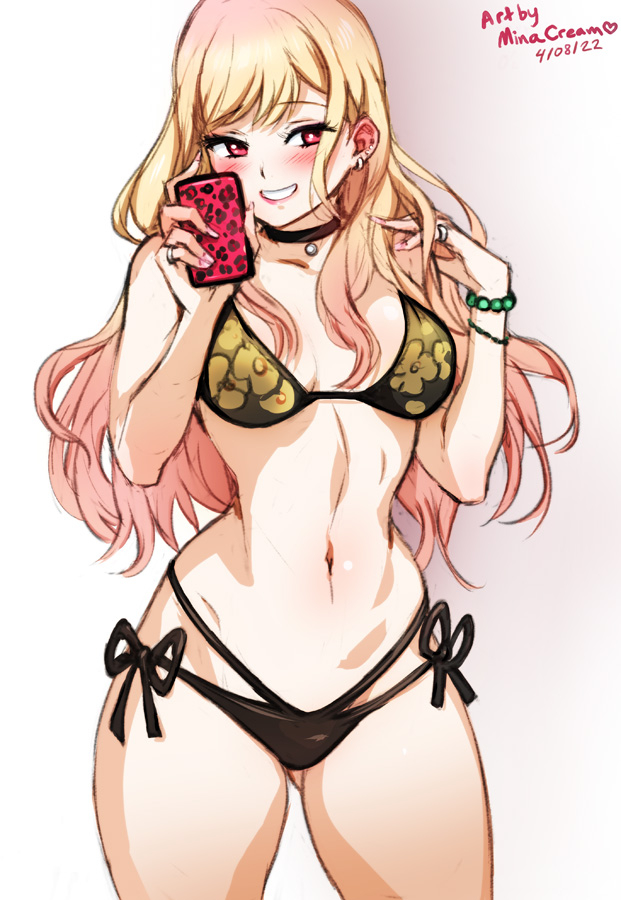 1girl artist_name bead_bracelet beads bikini blush bracelet breasts collar cowboy_shot dated earrings floral_print gradient_hair holding holding_phone jewelry kitagawa_marin long_hair mina_cream multicolored_hair navel phone pink_eyes pink_nails print_bikini ring side-tie_bikini_bottom smile solo sono_bisque_doll_wa_koi_wo_suru swimsuit thighs wavy_hair