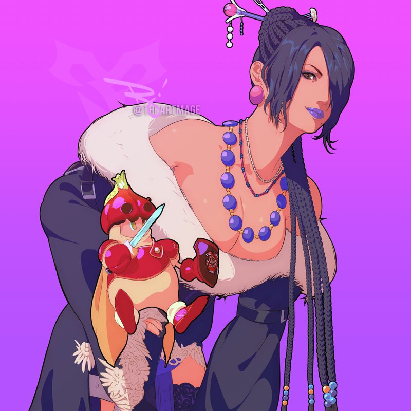 1girl bead_necklace beads black_dress black_hair black_thighhighs braid breasts brown_eyes cleavage cowboy_shot doll dress earrings final_fantasy final_fantasy_x fur_trim hair_bun hair_ornament hair_over_one_eye hair_stick holding holding_doll jewelry large_breasts leaning_forward long_hair looking_at_viewer lulu_(ff10) makeup multiple_braids multiple_necklaces necklace off-shoulder_dress off_shoulder one_eye_covered purple_background purple_lips solo strapless strapless_dress the_art_mage thighhighs twitter_username wide_sleeves