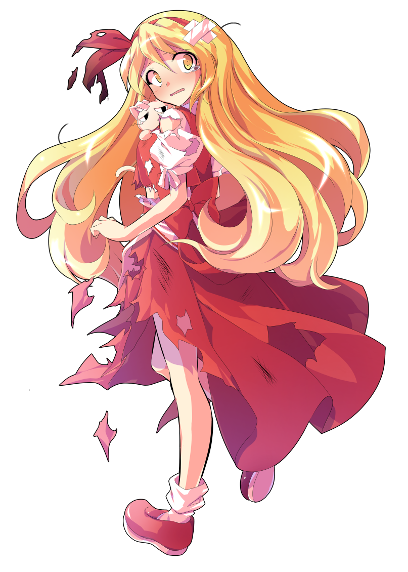 1girl alphes_(style) back_bow blonde_hair blush bow cat commentary_request dairi ellen_(touhou) from_side full_body hair_ribbon hairband large_variant_set long_hair looking_at_viewer open_mouth parody pet puffy_short_sleeves puffy_sleeves red_bow red_hairband red_ribbon red_shoes red_skirt red_vest ribbon shirt shoes short_sleeves simple_background skirt socks sokrates_(touhou) solo style_parody tachi-e torn_clothes torn_skirt torn_sleeves torn_vest touhou touhou_(pc-98) transparent_background variant_set vest white_cat white_shirt white_socks yellow_eyes