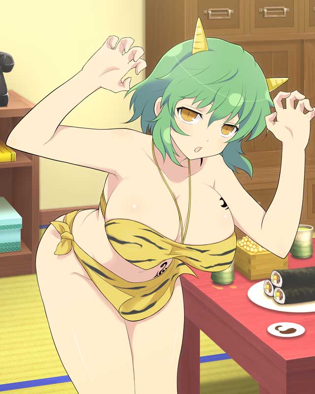 10s 1girl breast_tattoo breasts card_(medium) chabudai_(table) cosplay cup ehoumaki female_focus food green_hair green_tea hikage_(senran_kagura) horns indoors large_breasts makizushi masu no_panties official_art oni oni_horns senran_kagura senran_kagura_new_wave setsubun short_hair solo sushi table tatami tattoo tea yaegashi_nan yellow_eyes yunomi