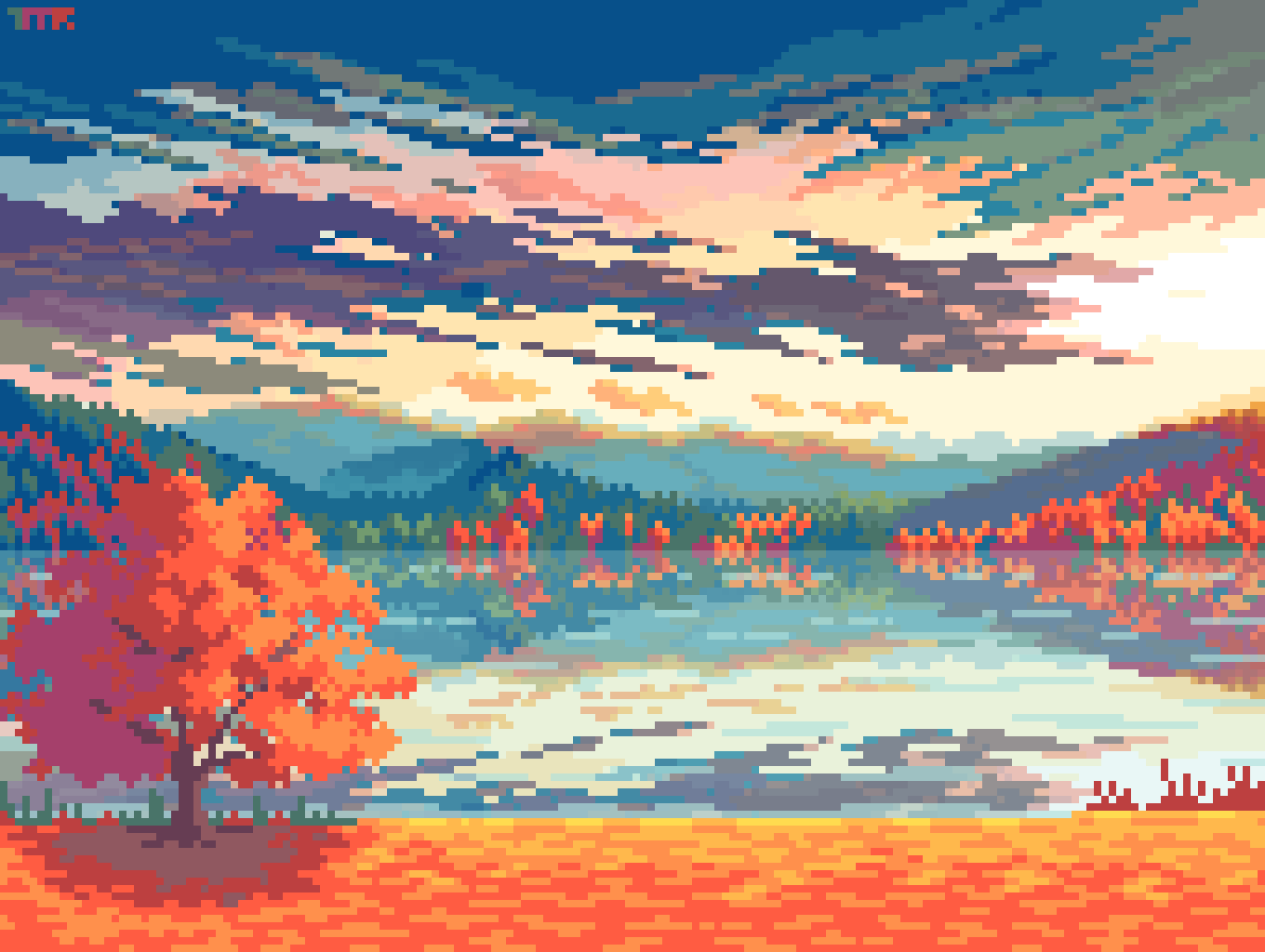 autumn cloud cloudy_sky forest lake morning mountainous_horizon nature no_humans original pixel_art reflection reflective_water scenery shore sky sunset tomoruka_mr tree