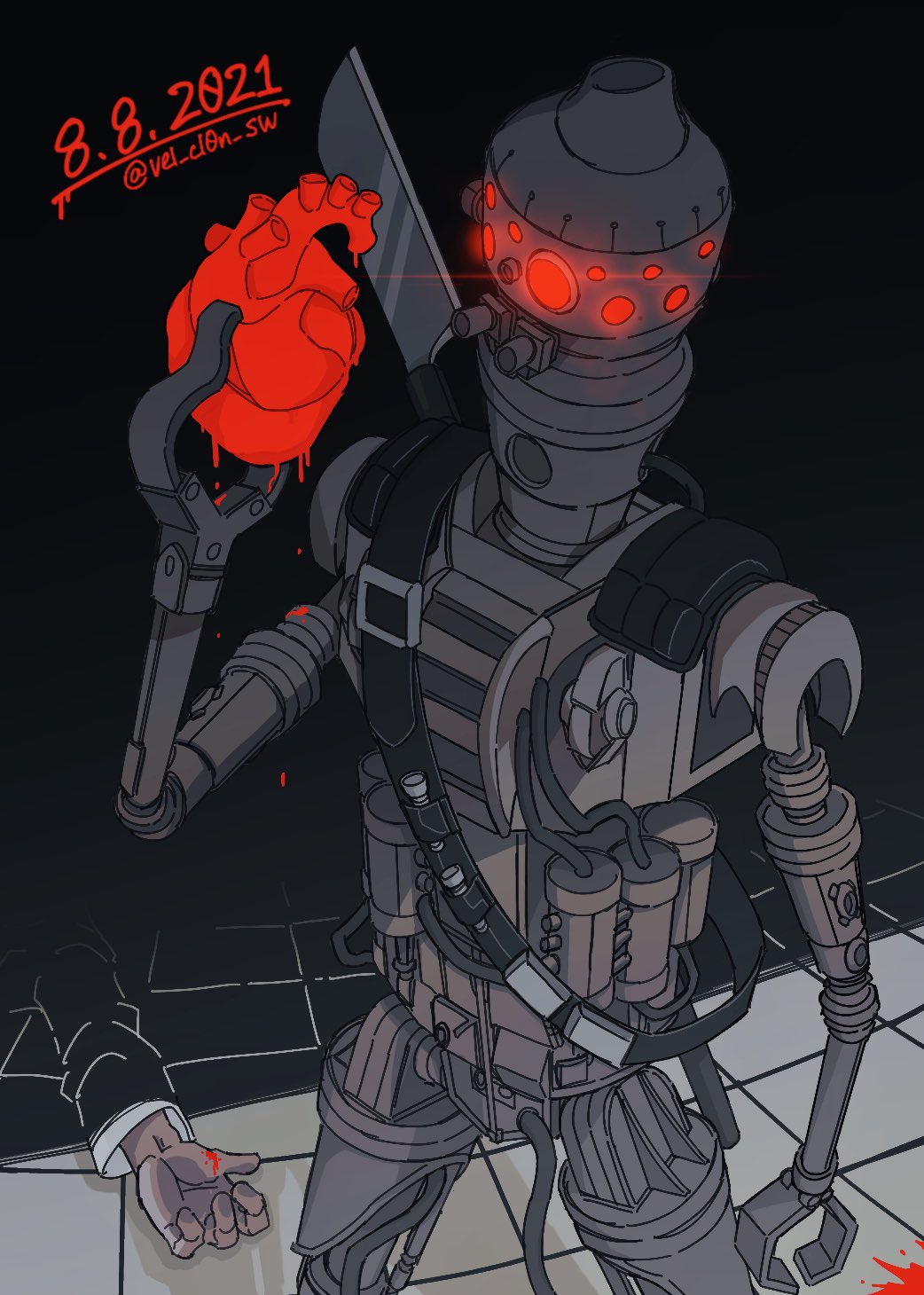 artist_name bandolier belt blood corpse dated glowing glowing_eyes heart_(organ) highres holding_heart_(organ) ig-88 red_eyes robot solo_focus star_wars vel_cl0n_sw