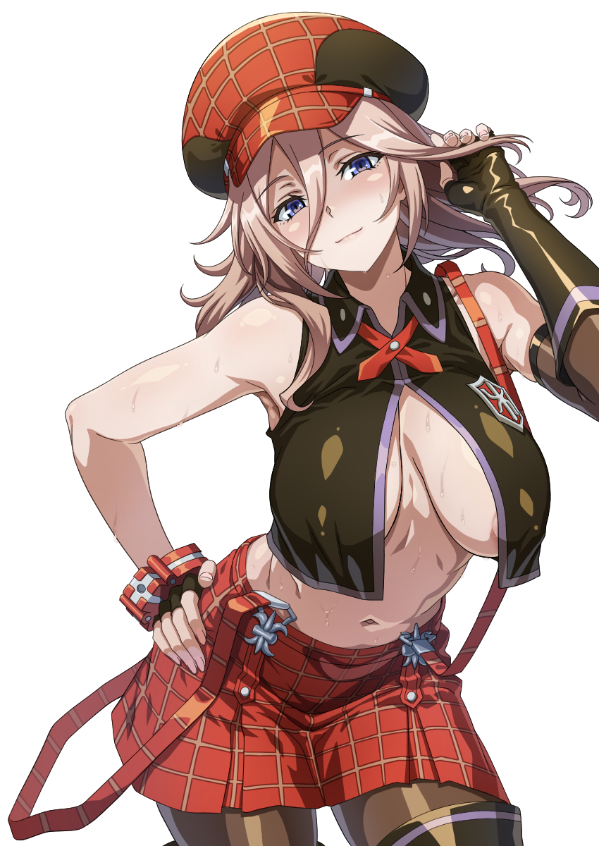 1girl alisa_ilinichina_amiella areola_slip arm_up armpits asymmetrical_gloves bare_shoulders black_boots black_gloves black_vest blue_eyes blush boots breasts brown_hair brown_pantyhose cabbie_hat cleavage closed_mouth commentary_request cowboy_shot cropped_vest fingerless_gloves gloves god_eater hat head_tilt highres long_sleeves looking_at_viewer medium_hair miniskirt navel pantyhose plaid_clothes plaid_skirt red_hat red_skirt simple_background skirt smile solo suspender_skirt suspenders sweat syunzou thigh_boots vest white_background