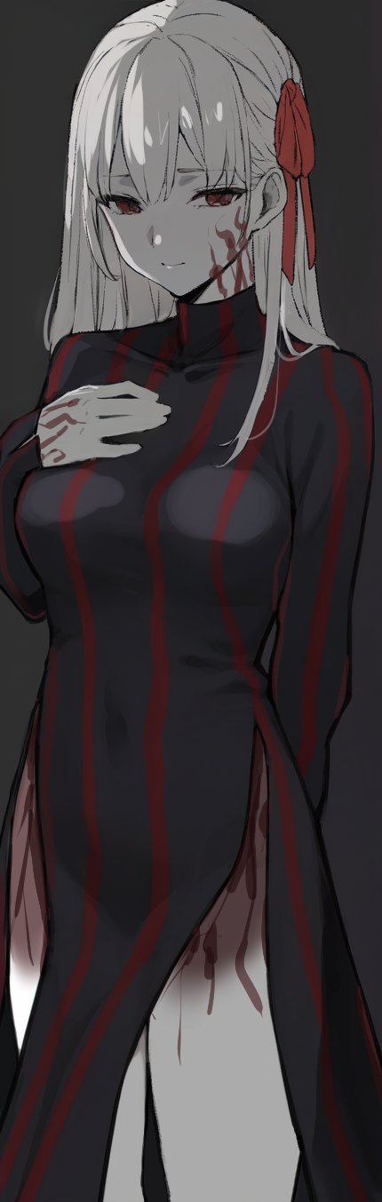 1girl arm_behind_back black_dress body_markings breasts closed_mouth commentary_request dark_persona dress fate/stay_night fate_(series) hair_between_eyes hair_ribbon hand_on_own_chest heaven&#039;s_feel highres long_hair long_sleeves looking_at_viewer matou_sakura neju pelvic_curtain ribbon simple_background solo striped_clothes striped_dress