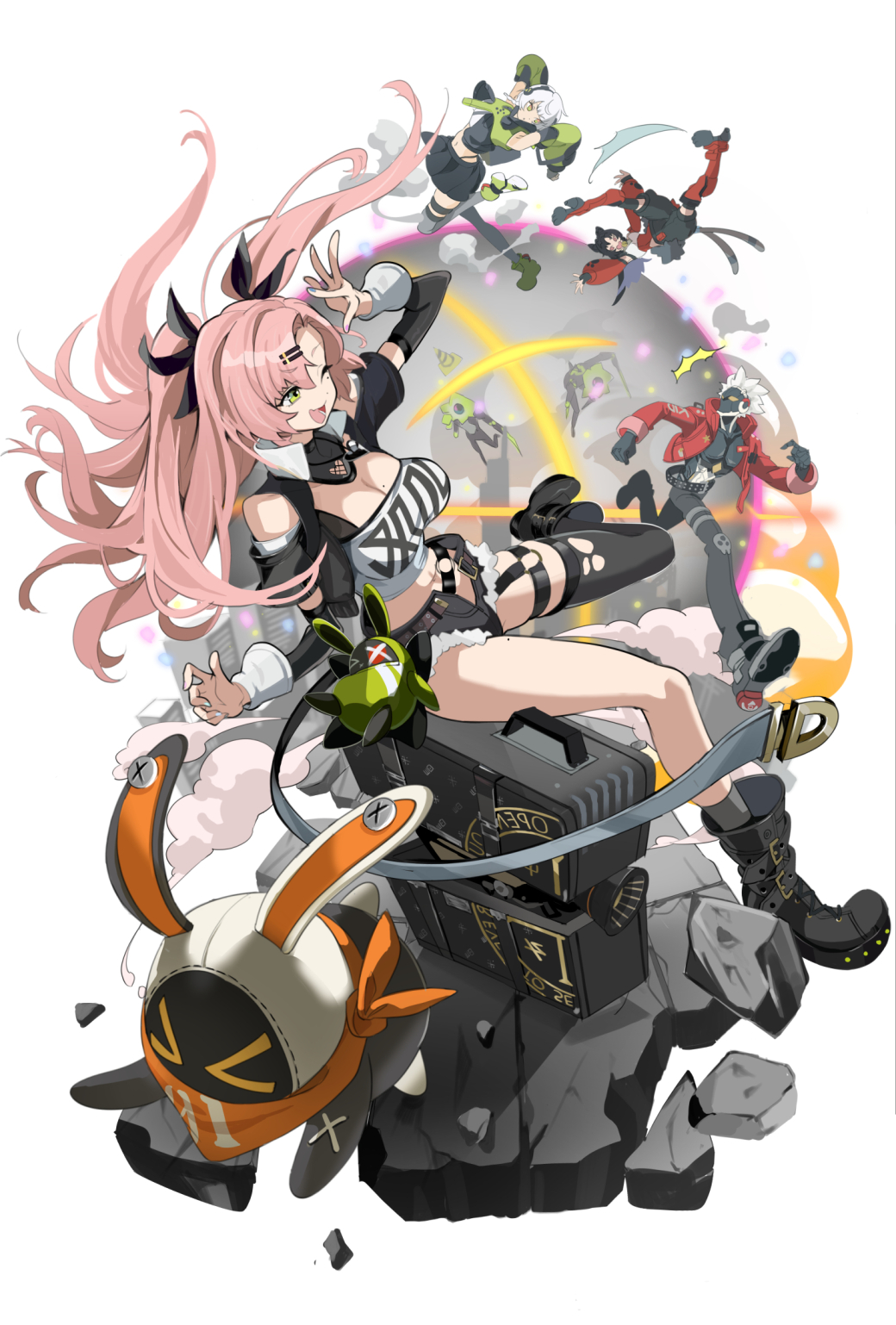 1boy 3girls amillion_(zenless_zone_zero) anby_demara animal_ears bandana bandana_around_neck bangboo_(zenless_zone_zero) belt belted_skirt billy_kid black_boots black_pants black_ribbon black_shoes black_shorts black_skirt black_socks black_thighhighs boots breasts cable cable_tail cat_ears cat_girl cat_tail clothing_cutout corset crop_top cutoffs cyborg eous_(zenless_zone_zero) ethereal_(zenless_zone_zero) green_boots green_eyes green_jacket green_sleeves hair_ornament hairclip headphones heart heart_necklace highres humanoid_robot jacket jewelry mechanical_tail micro_shorts mole mole_on_breast mole_on_thigh mole_under_eye multicolored_nails multicolored_sleeves multiple_girls multiple_tails nail_polish necklace nekomiya_mana nicole_demara niihatigounana one_eye_closed orange_bandana orange_eyes pants pink_hair pleated_skirt red_corset red_jacket red_sleeves ribbon robot shoes shorts shoulder_cutout single_thighhigh skirt sleeveless sleeveless_jacket socks spiked_hair strapless studded_belt tail thigh_belt thigh_strap thighhighs torn_clothes torn_thighhighs tube_top two_side_up two_tails white_tube_top white_undershirt zenless_zone_zero