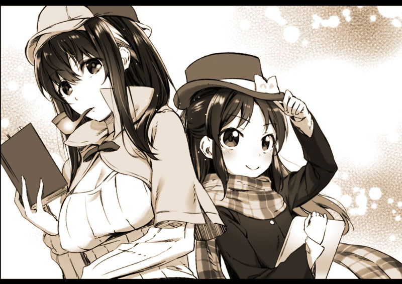 2girls black_hair capelet cosplay deerstalker greyscale hairband hat idolmaster idolmaster_cinderella_girls john_hamish_watson john_hamish_watson_(cosplay) long_hair looking_at_viewer monochrome multiple_girls pipe_in_mouth sagisawa_fumika sherlock_holmes sherlock_holmes_(cosplay) smile smoking_pipe tachibana_arisu the_adventures_of_sherlock_holmes u_(the_unko)