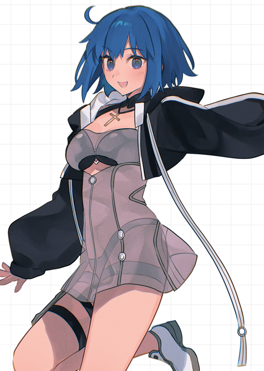 1girl bikini black_bikini black_jacket blue_eyes blue_hair blush breasts c.i.e.l_(fate) c.i.e.l_(first_ascension)_(fate) ciel_(tsukihime) commentary_request cropped_jacket cross cross_necklace fate/grand_order fate_(series) highres jacket jewelry latin_cross looking_at_viewer medium_breasts necklace official_alternate_costume open_mouth see-through_clothes short_hair simple_background smile solo swimsuit uxco0 white_background