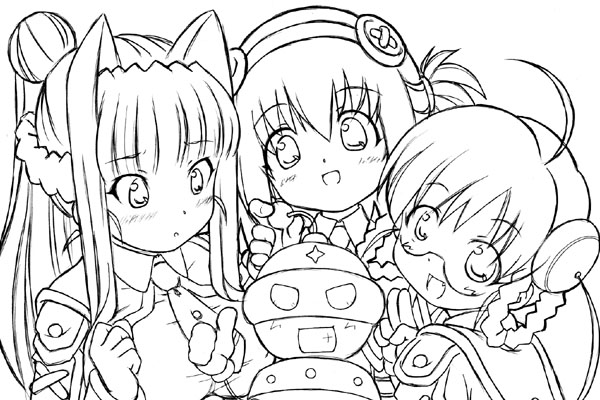 00s 3girls ahoge animal_ears fang girutaabo glasses greyscale hair_ornament humanoid_robot koharuno_silk monochrome moroboshi_tsubomi multiple_girls necktie open_mouth ponytail robot ufoman ultimate_girl uniform