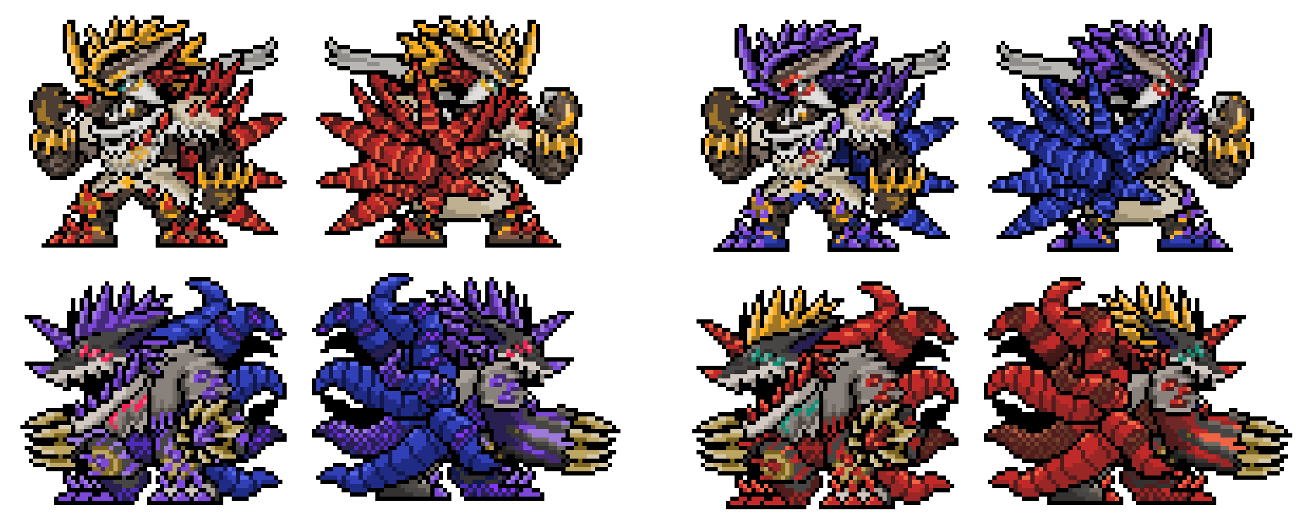 blonde_hair claws digimon digimon_(creature) green_eyes highres horns pixel_art purple_hair rasenmon rasenmon_(anniversary_ver.) rasenmon_fury_mode rasenmon_fury_mode_(anniversary_ver.) red_eyes sharp_teeth spikes teeth tentacles white_background