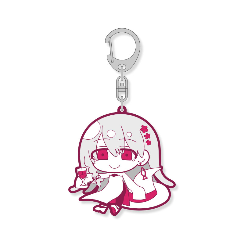 1girl character_charm charm_(object) chibi chibi_only cup dress earrings fish_earrings flower grey_hair hair_flower hair_ornament harushi_mube hat holding holding_cup ix_(lower) jewelry looking_at_viewer lower_(vocaloid) official_art red_eyes side_slit single_earring sleeves_past_fingers sleeves_past_wrists smile solo unworn_hat unworn_headwear white_dress white_hair witch_hat