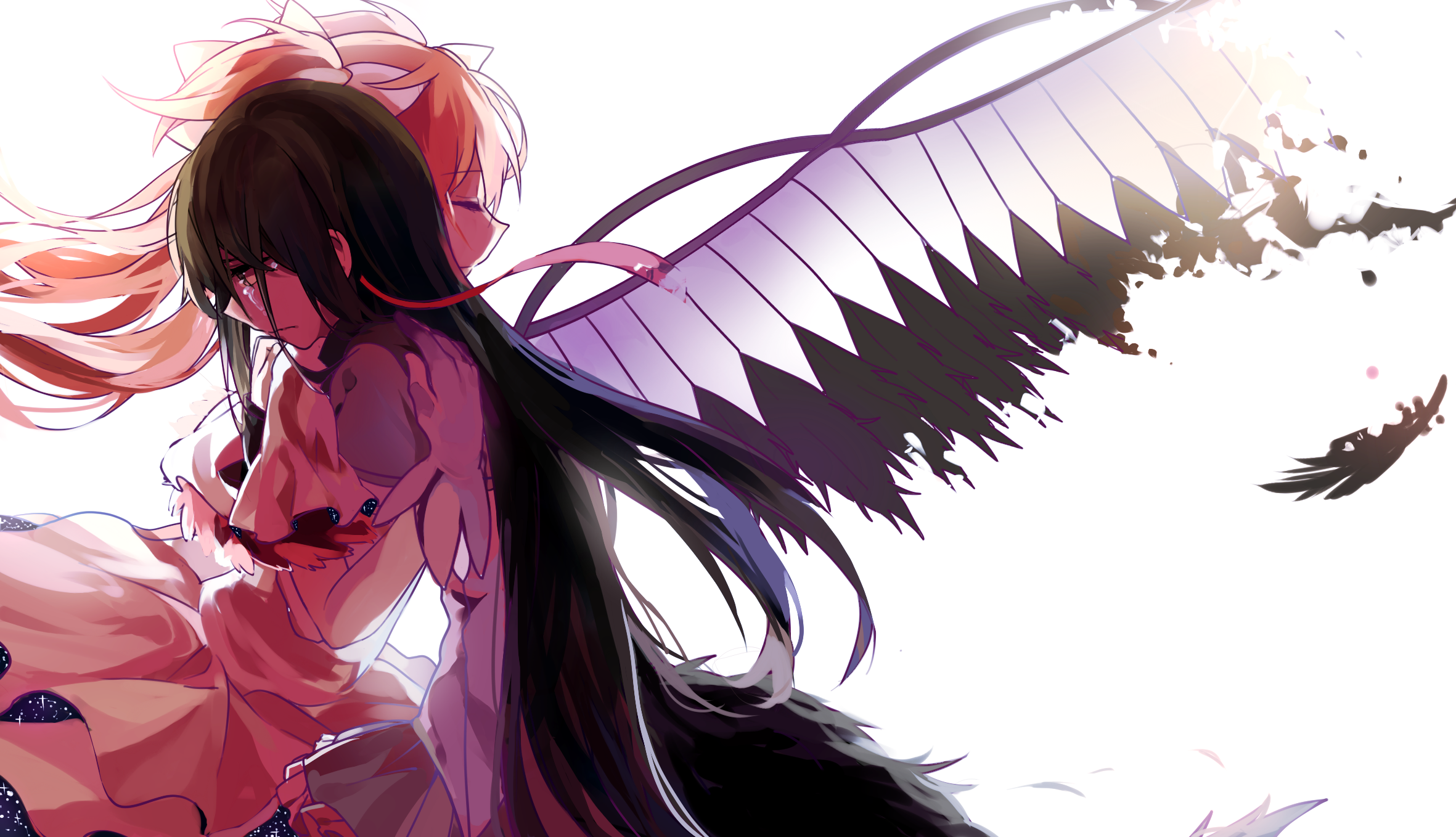 10s 2girls akemi_homura akuma_homura black_hair closed_eyes crying crying_with_eyes_open gloves hair_ornament hair_ribbon highres hug kaname_madoka long_hair mahou_shoujo_madoka_magica mahou_shoujo_madoka_magica:_hangyaku_no_monogatari multiple_girls pink_hair ribbon tears two_side_up ultimate_madoka very_long_hair wings zgxuke