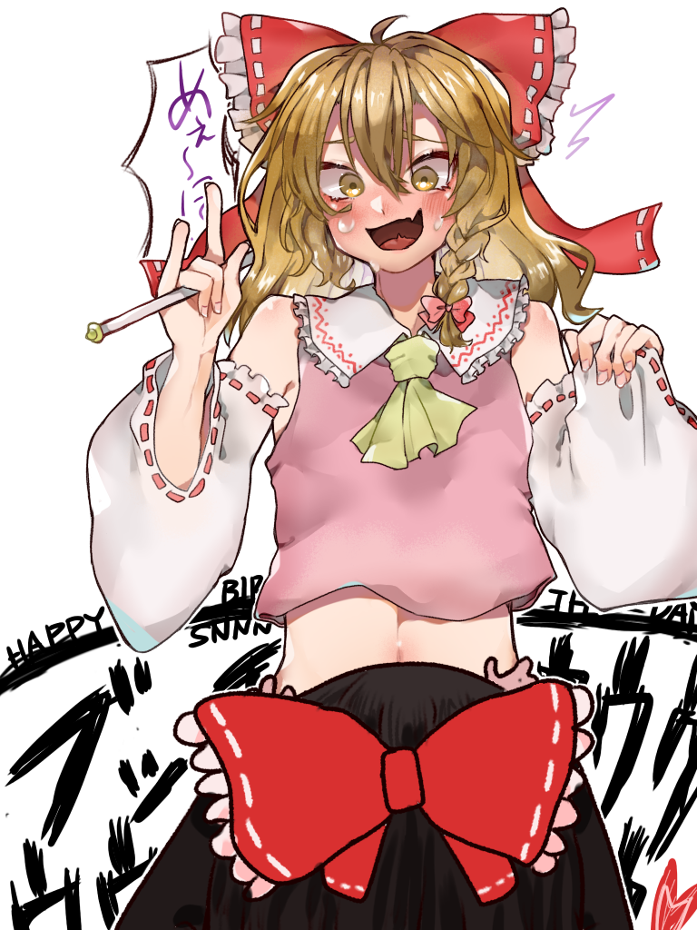 1boy 1girl \m/ ahoge ascot black_hair blonde_hair blush bow braid commentary_request cookie_(touhou) cosplay crossdressing detached_sleeves fang frilled_bow frilled_shirt_collar frills genderswap genderswap_(ftm) hair_bow hakurei_reimu hakurei_reimu_(cosplay) hetero implied_fellatio kirisame_marisa long_hair male_focus nose_blush open_mouth red_bow rei_(cookie) ribbon-trimmed_sleeves ribbon_trim sananana_(cookie) sananana_(cookie)_(cosplay) seiga shirt shishima_(a_a) side_braid simple_background single_braid skin_fang sleeveless sleeveless_shirt smile solo_focus touhou trap upper_body white_background white_sleeves yellow_ascot yellow_eyes