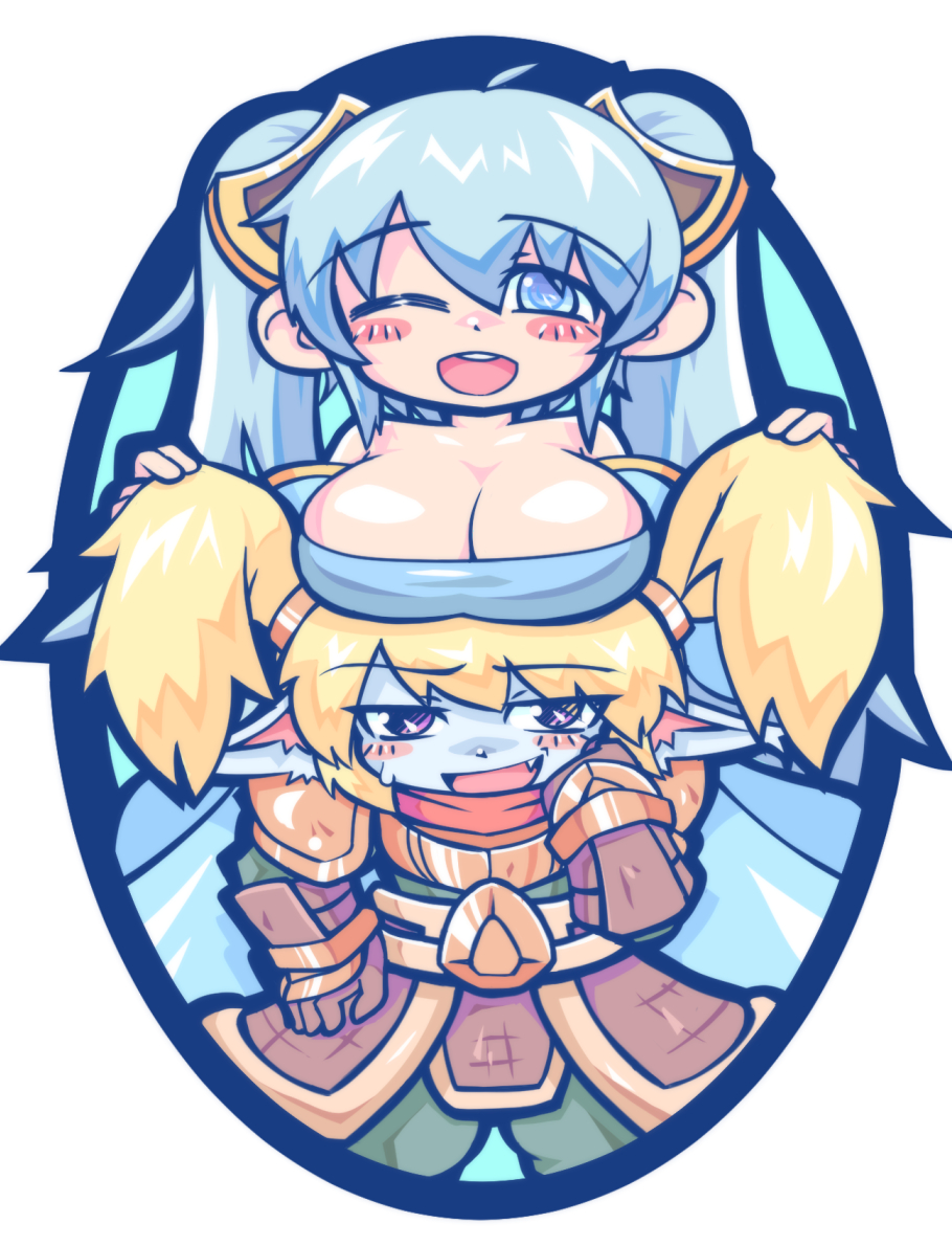 2girls armor bare_shoulders blonde_hair blue_dress blue_eyes blue_hair blue_skin blue_sleeves blush border breast_rest breasts breasts_on_head cleavage colored_skin cowboy_shot detached_sleeves dot_nose dress embarrassed fang female_focus green_pants green_shirt hand_on_own_hip hands_up kayo!!_(gotoran) large_breasts league_of_legends long_hair matching_hair/eyes medium_hair multiple_girls one_eye_closed open_mouth pants pointy_ears poppy_(league_of_legends) purple_eyes red_scarf scarf shirt smile sona_(league_of_legends) strapless strapless_dress twintails white_border yordle
